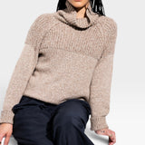 JONES + CO nutmeg turtleneck long sleeve sweater in baby alpaca and organic cotton with chunky rib details and ribbed cuffs.
