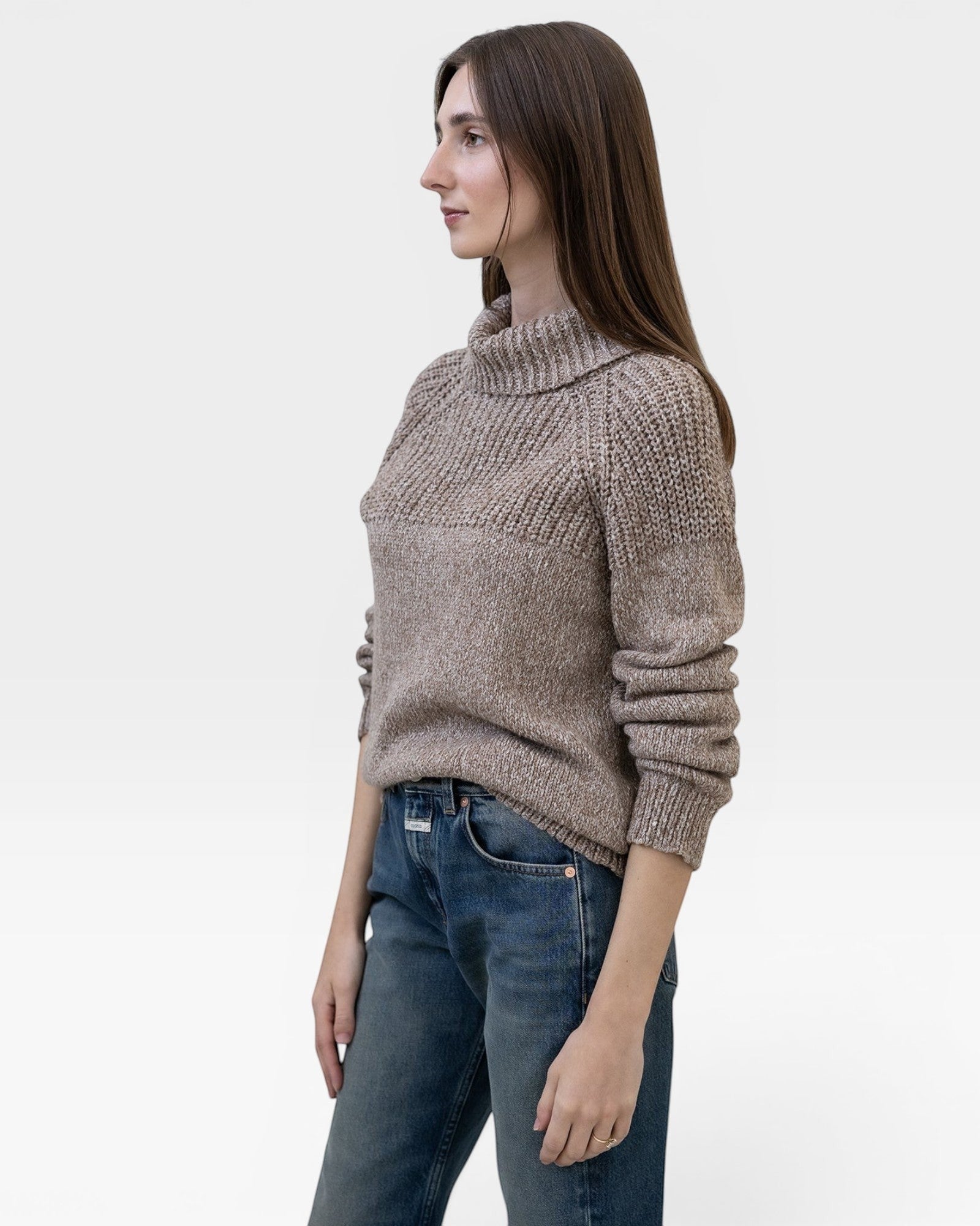 JONES + CO nutmeg turtleneck sweater in baby alpaca and organic cotton with chunky rib details and ribbed cuffs.