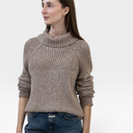 JONES + CO nutmeg turtleneck sweater in baby alpaca and organic cotton. Features chunky rib details on shoulders and cuffs.