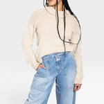 JONES + CO oat turtleneck sweater in a light-weight alpaca and cotton knit with chunky shoulder rib details and ribbed cuffs.