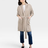 JONES + CO oatmeal alpaca wool blend Parker Sweater Coat with belt and pockets, worn by a woman.