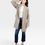 JONES + CO oatmeal alpaca wool blend Parker Sweater Coat with dropped shoulders and front pockets.