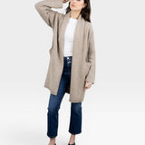JONES + CO oatmeal alpaca wool blend Parker Sweater Coat with dropped shoulders and front pockets.