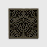 JONES + CO Linea scarf in olive green silk crêpe de Chine with a black hand-printed abstract swirl pattern.