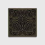 JONES + CO Linea scarf in olive green silk crêpe de Chine with a black hand-printed abstract swirl pattern.
