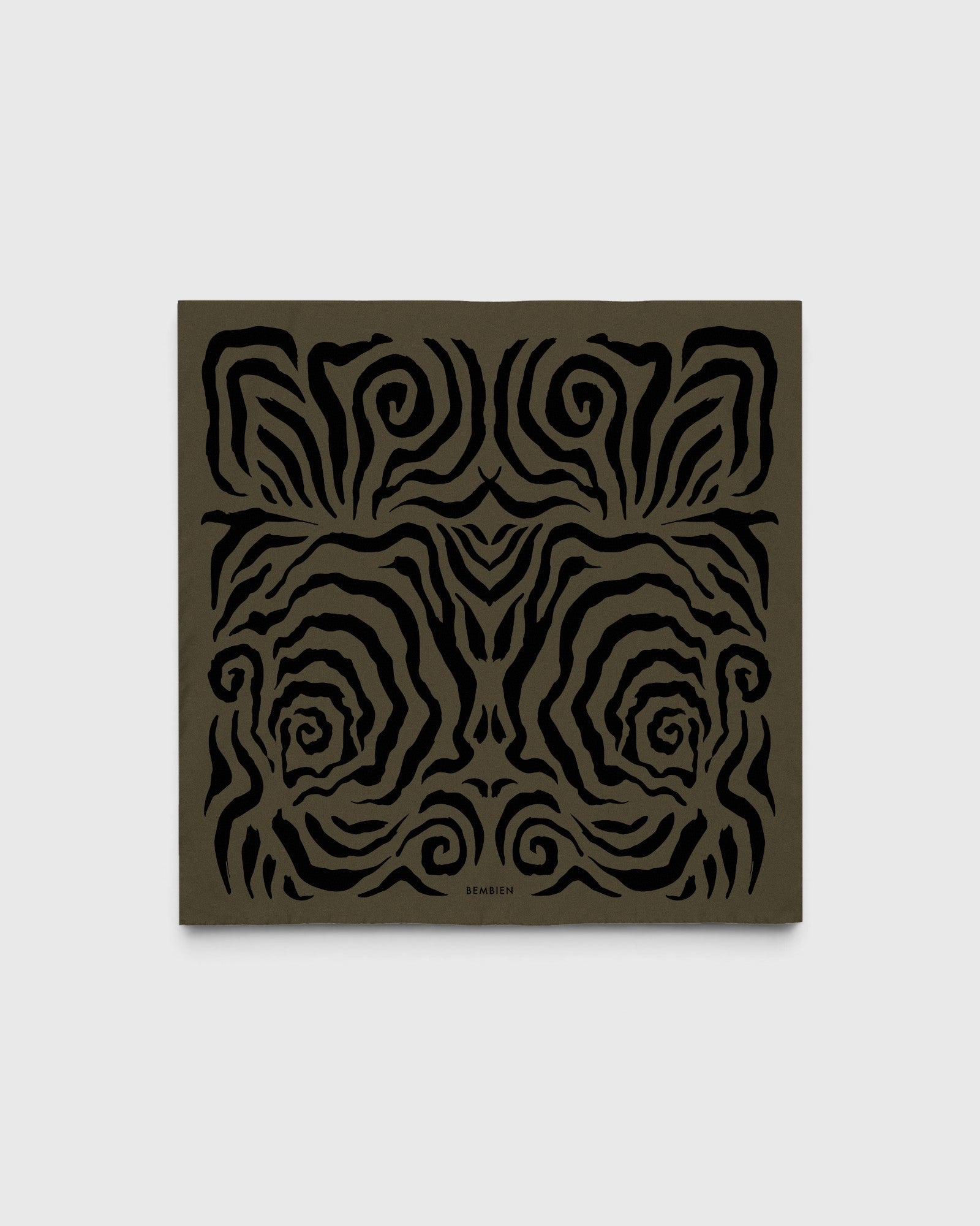 JONES + CO Linea scarf in olive green silk crêpe de Chine with a black hand-printed abstract swirl pattern.