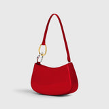 JONES + CO Ollie Bag in polished cherry-red leather with a crescent shape, shoulder strap, and gold-tone hardware.