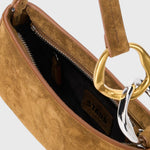 JONES + CO Ollie Bag in cigar tobacco suede with leather trim and signature two-tone gold and silver link hardware.