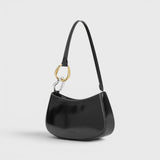 JONES + CO Ollie black polished leather shoulder bag with two-tone gold and silver hardware and zip closure