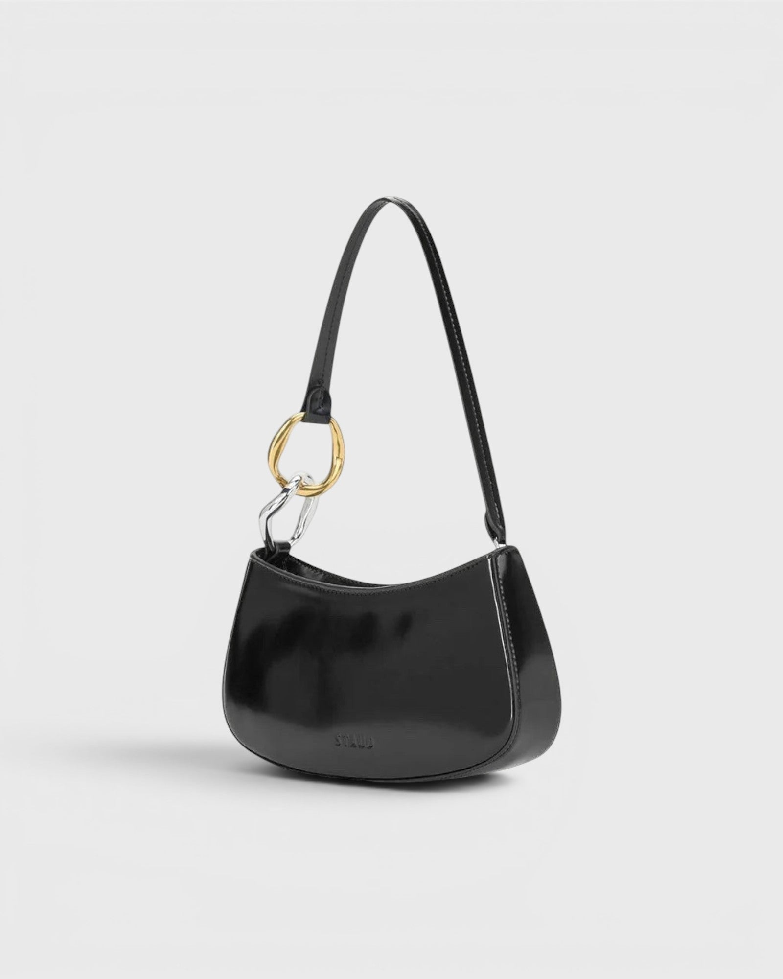 JONES + CO Ollie black polished leather shoulder bag with two-tone gold and silver hardware and zip closure