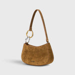 JONES + CO Ollie Bag in cigar brown suede with a crescent silhouette and mixed gold and silver link strap detail.