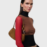 JONES + CO Ollie Bag in cigar brown suede with a crescent silhouette and two-tone gold and silver link strap.