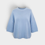 JONES + CO oversized crew-neck sweater in soft heathered blue with dropped shoulders and short sleeves