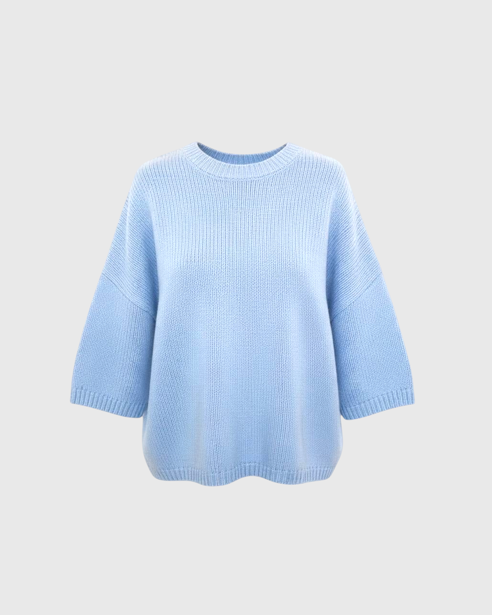 JONES + CO oversized crew-neck sweater in soft heathered blue with dropped shoulders and short sleeves