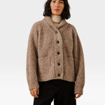 JONES + CO oversized dark fawn shawl-collar cardigan in alpaca and Pima cotton blend with button front and pockets.