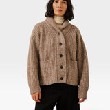 JONES + CO oversized dark fawn shawl-collar cardigan in alpaca and Pima cotton blend with button front and pockets.