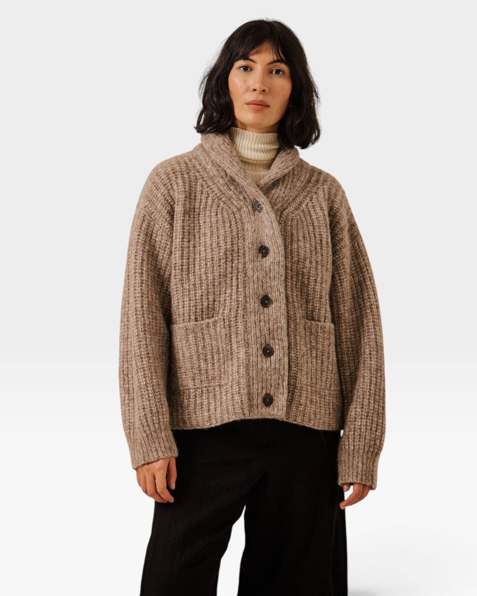JONES + CO oversized dark fawn shawl-collar cardigan in alpaca and Pima cotton blend with button front and pockets.