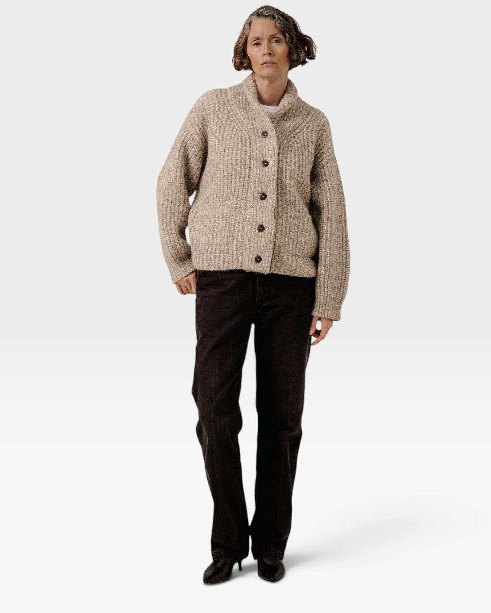 JONES + CO oversized marble shawl cardigan in alpaca and Pima cotton blend with dropped shoulders and button front.