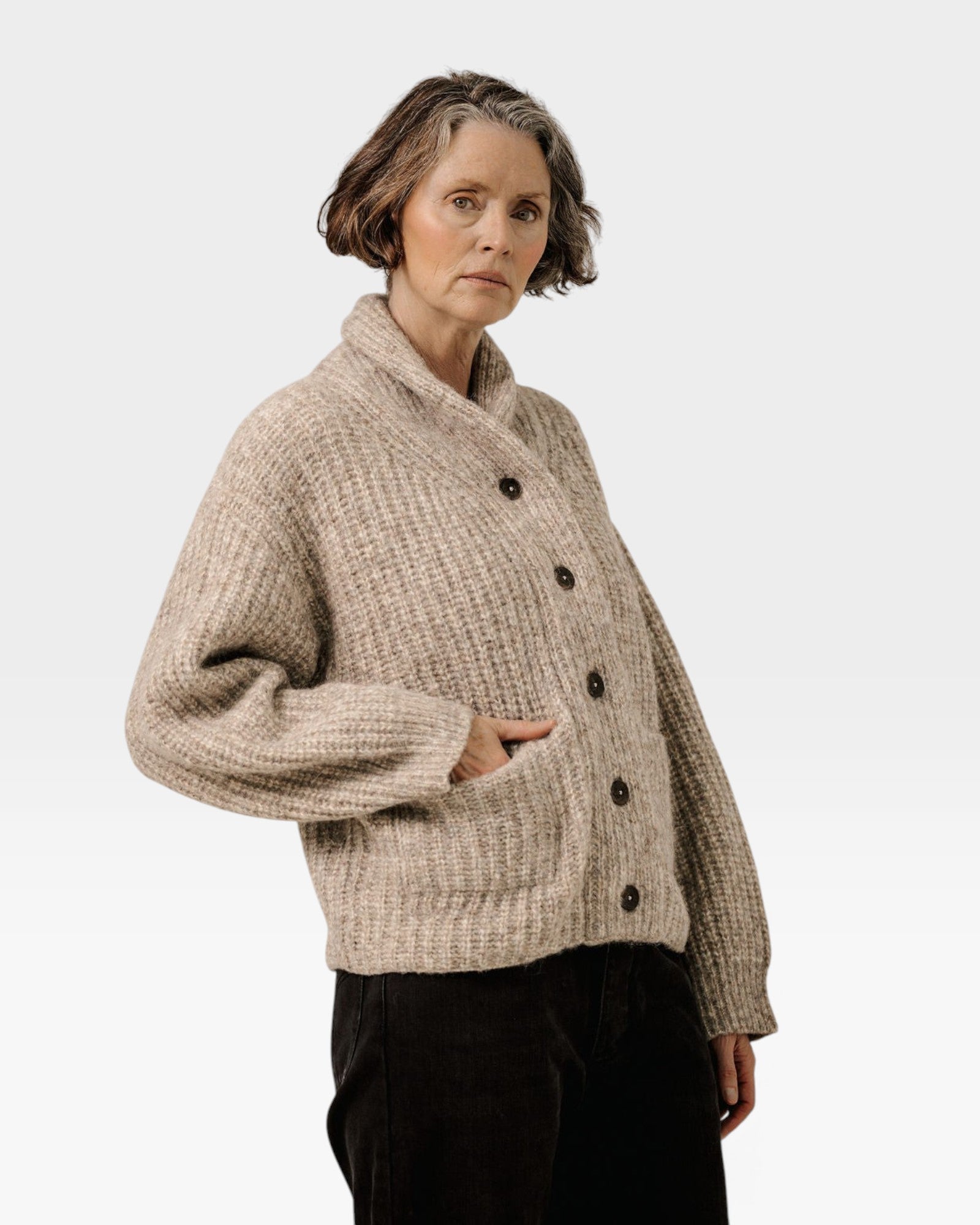 JONES + CO oversized marble shawl cardigan in alpaca and Pima cotton blend with dropped shoulders and front pockets