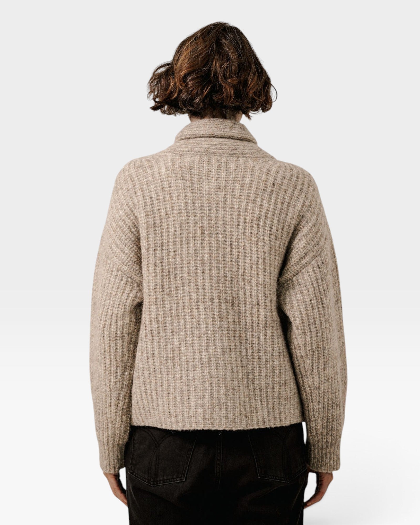 Back view of a JONES + CO oversized marble shawl cardigan in alpaca and cotton blend with dropped shoulders.
