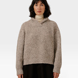 JONES + CO oversized marble shawl-neck pullover in a textured alpaca and Pima cotton blend on a model