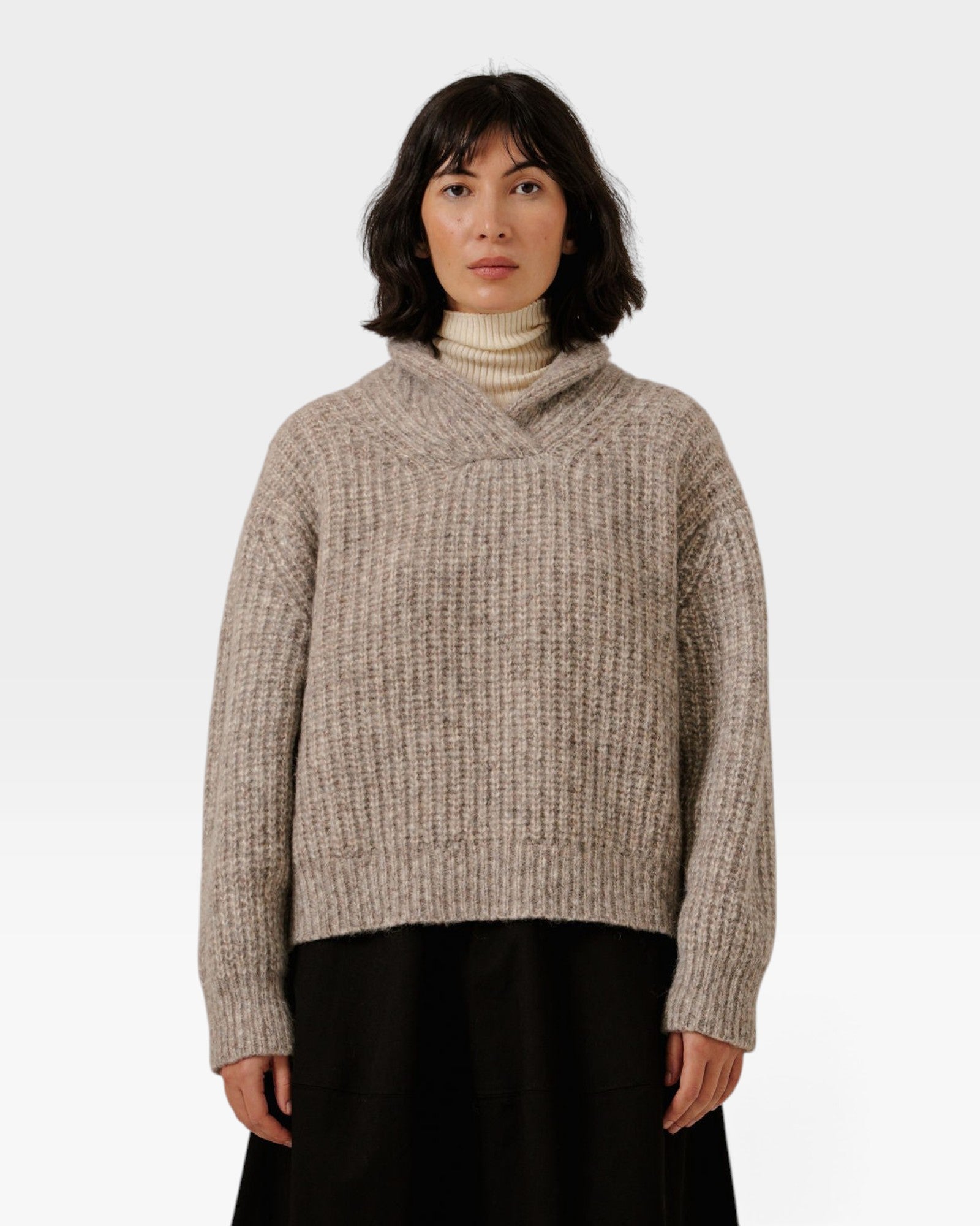 JONES + CO oversized marble shawl-neck pullover in a textured alpaca and Pima cotton blend on a model