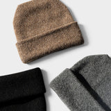 JONES + CO Parker oversized beanies in black, grey, and brown wool-alpaca blend with a cuffed design