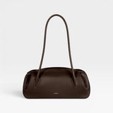 JONES + CO Oyster shoulder bag in espresso brown pebbled leather with a structured, elongated silhouette.