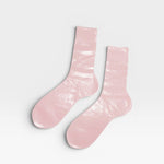 JONES + CO pale pink silk ribbed socks with metallic foil overlay, crew length.