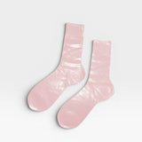 JONES + CO pale pink silk ribbed socks with metallic foil overlay, crew length.