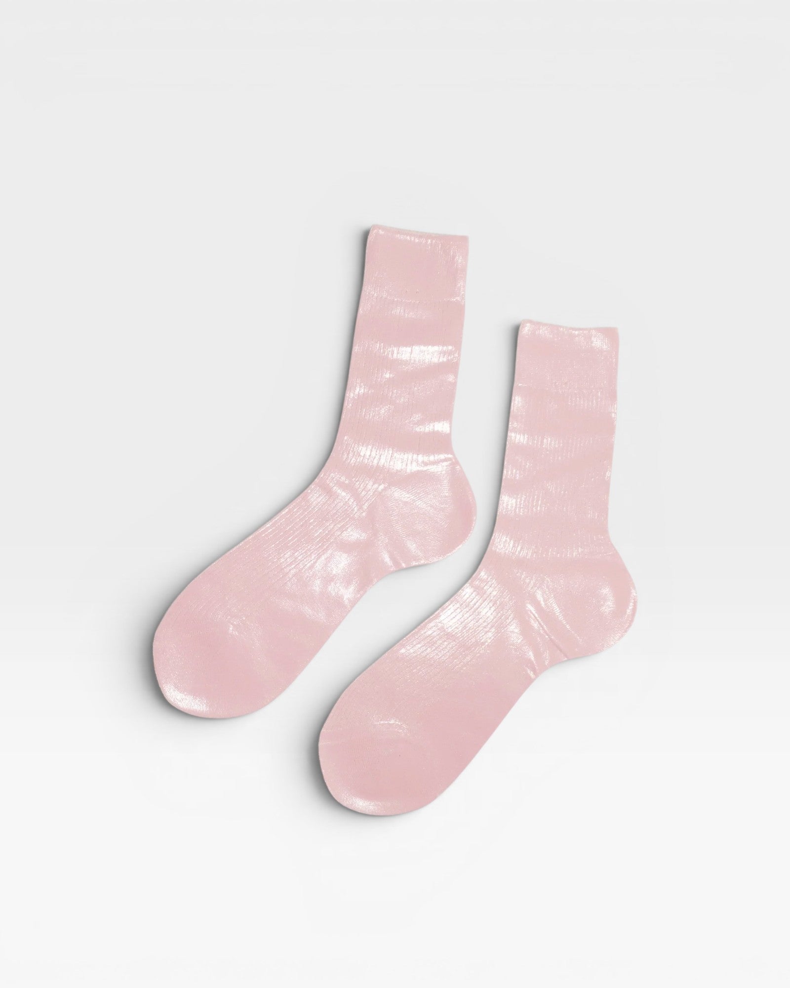 JONES + CO pale pink silk ribbed socks with metallic foil overlay, crew length.