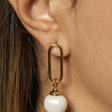 JONES + CO paper clip link drop earrings featuring a luminous white pebble pearl on 14k gold plated brass