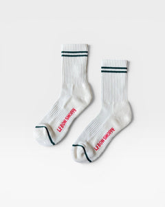 JONES + CO parchment boyfriend socks featuring green double stripes, breathable mesh, and red branding on the foot.