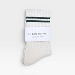JONES + CO parchment boyfriend socks with green double stripes and ribbed texture in original packaging