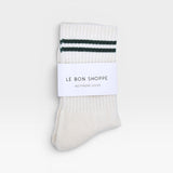 JONES + CO parchment boyfriend socks with green double stripes and ribbed texture in original packaging
