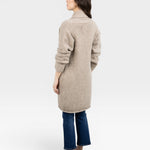 JONES + CO oatmeal alpaca wool blend Parker Sweater Coat with dropped shoulders and front pockets, worn by a model.