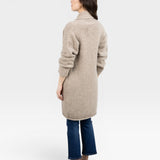 JONES + CO oatmeal alpaca wool blend Parker Sweater Coat with dropped shoulders and front pockets, worn by a model.