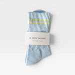 JONES + CO Boyfriend Socks in pastel sky blue with yellow double stripes and ribbed texture for everyday comfort.