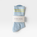 JONES + CO Boyfriend Socks in pastel sky blue with yellow double stripes and ribbed texture for everyday comfort.