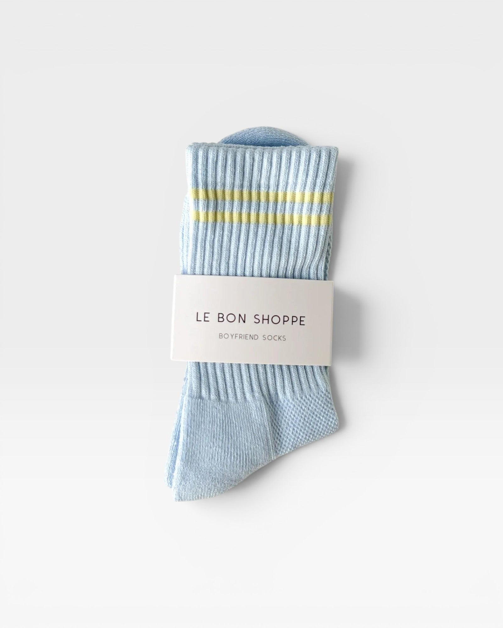 JONES + CO Boyfriend Socks in pastel sky blue with yellow double stripes and ribbed texture for everyday comfort.