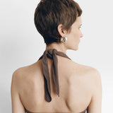 JONES + CO Pauline Halter Top in bark brown modal fabric with ribbed texture and contrasting trim.