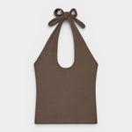 JONES + CO Pauline Halter Top in bark brown modal fabric with ribbed texture and tie neck.