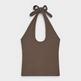 JONES + CO Pauline Halter Top in bark brown modal fabric with ribbed texture and tie neck.