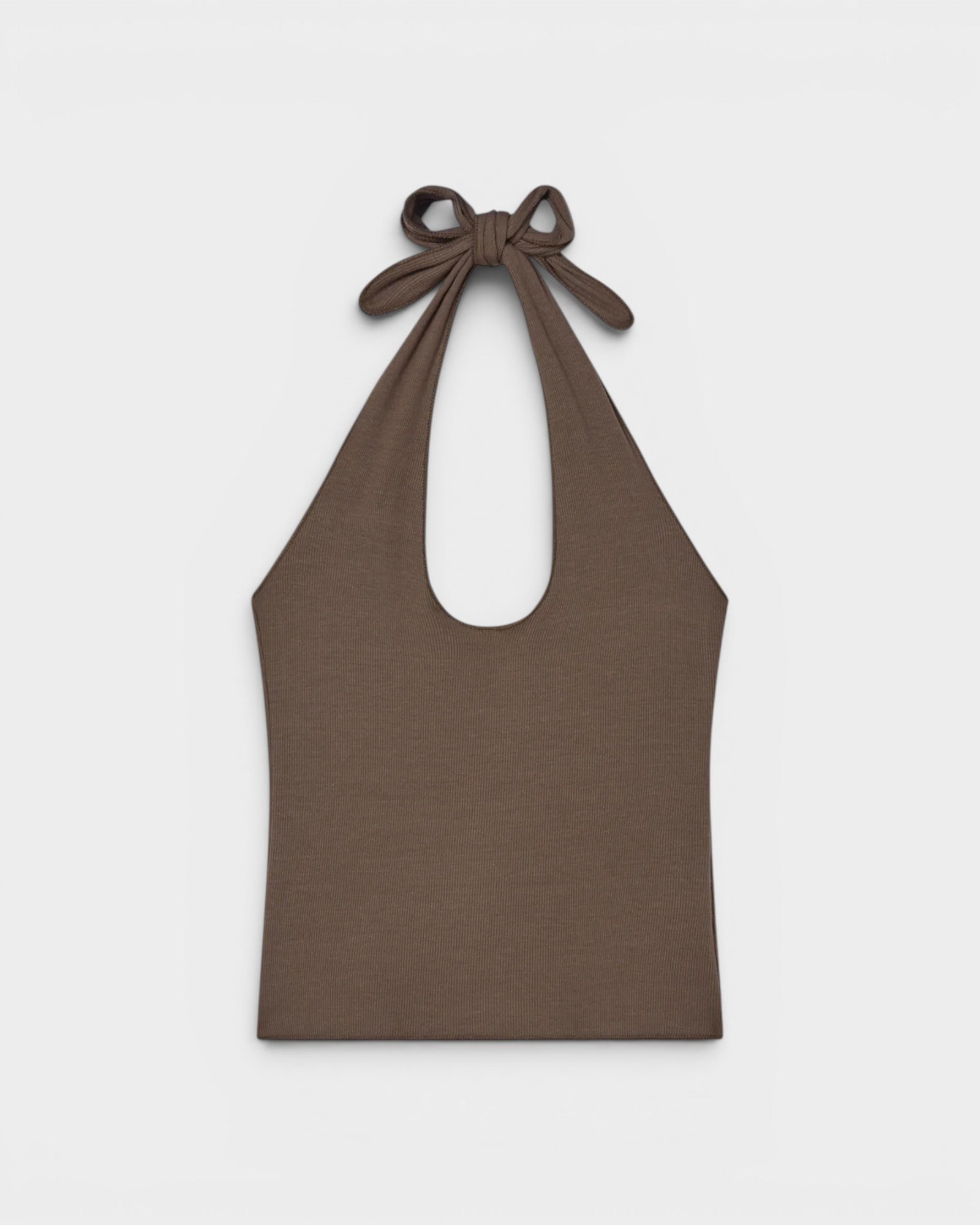 JONES + CO Pauline Halter Top in bark brown modal fabric with ribbed texture and tie neck.