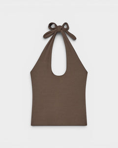 JONES + CO Pauline Halter Top in bark brown modal fabric with ribbed texture and tie neck.
