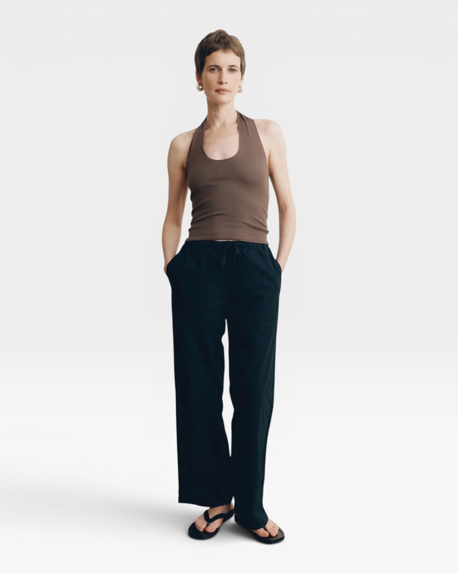 JONES + CO Pauline Halter Top in bark brown modal fabric with ribbed texture and halter neckline.