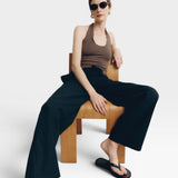 JONES + CO Pauline Halter Top in bark brown modal fabric with ribbed texture and contrasting trim.