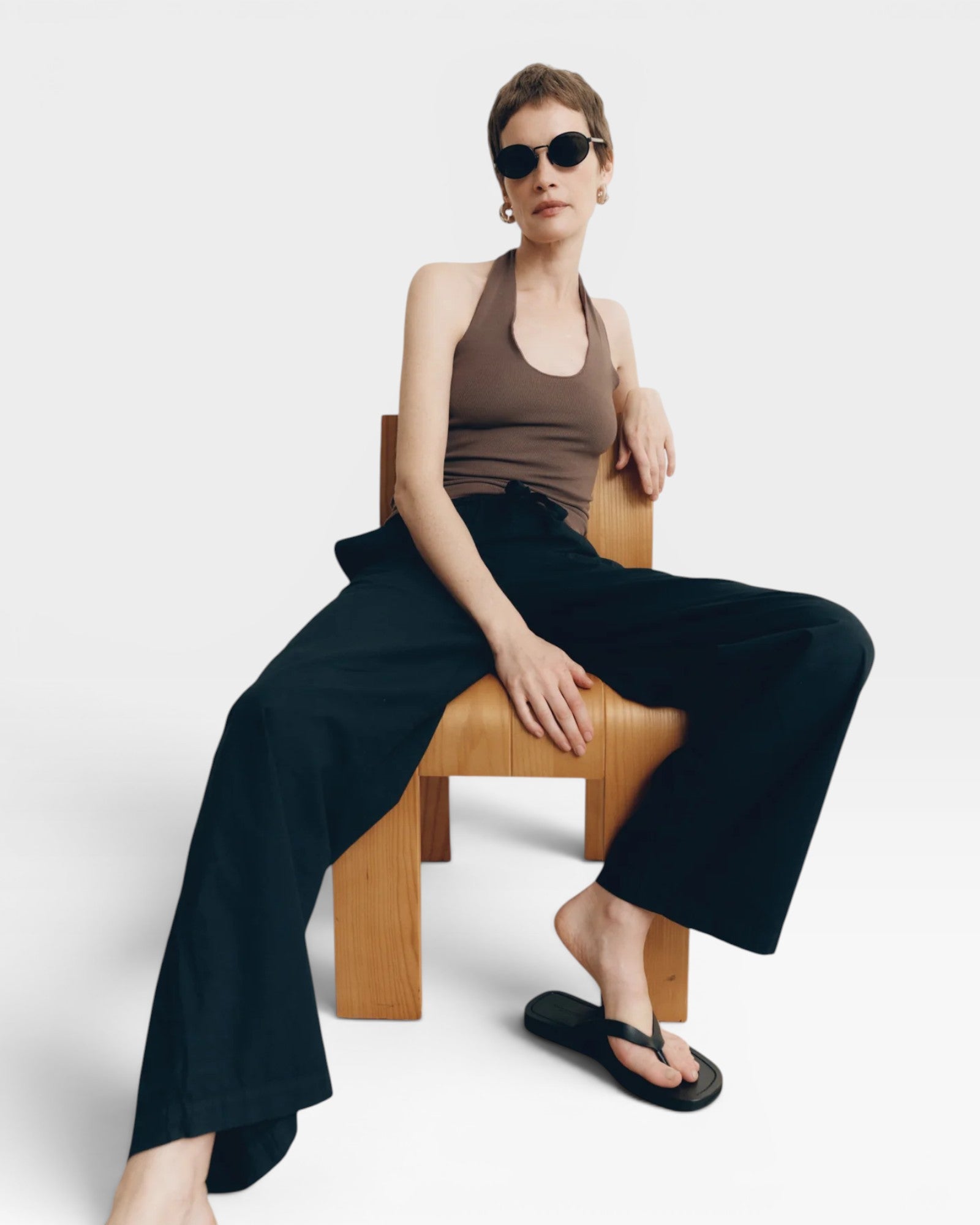JONES + CO Pauline Halter Top in bark brown modal fabric with ribbed texture and contrasting trim.
