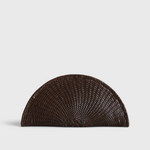JONES + CO Perla Clutch in espresso brown basketweave leather, seashell-shaped with wrap-around zip.