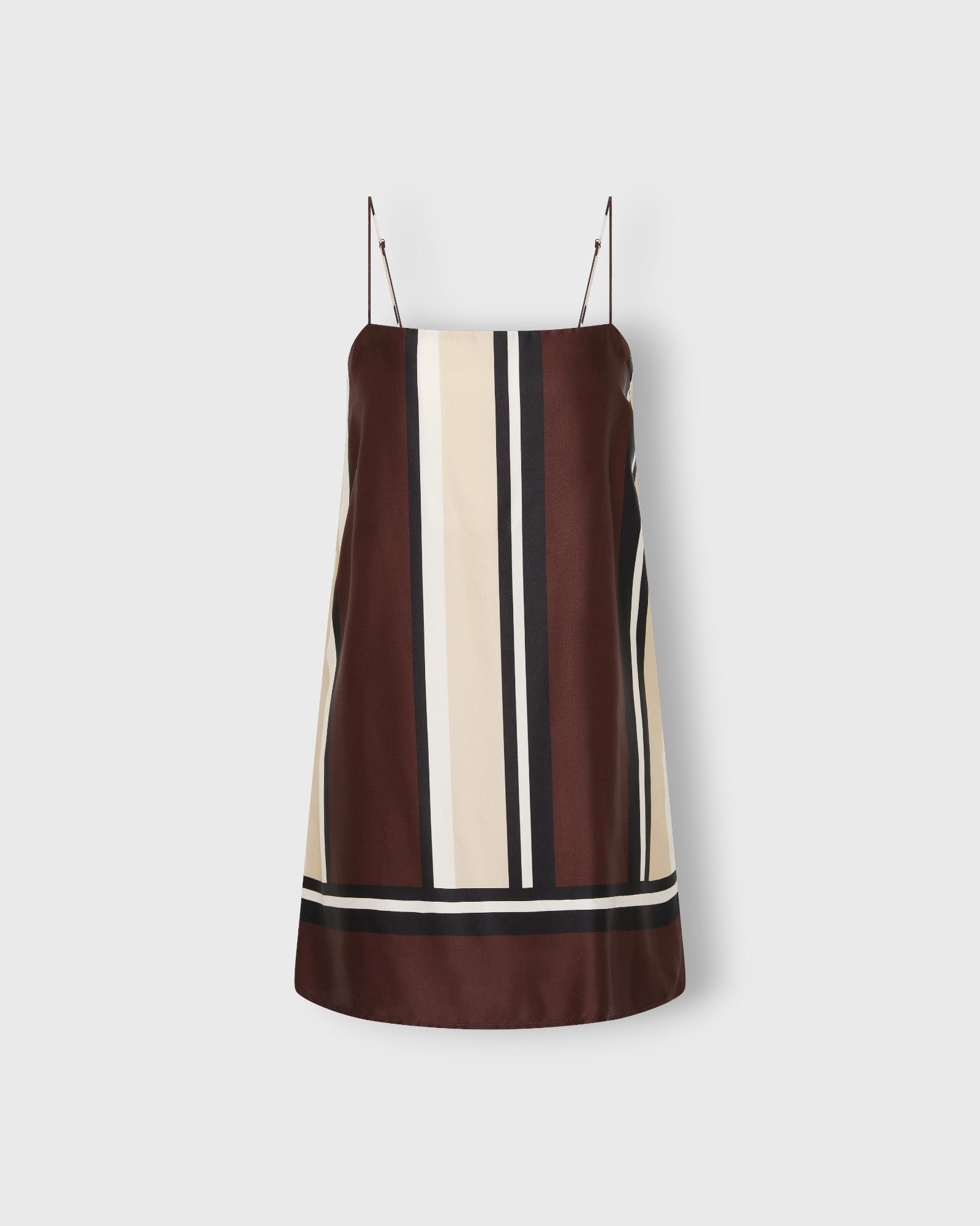 JONES + CO Phylis mini slip dress in shiny viscose satin featuring a brown, cream, and black vertical stripe pattern.